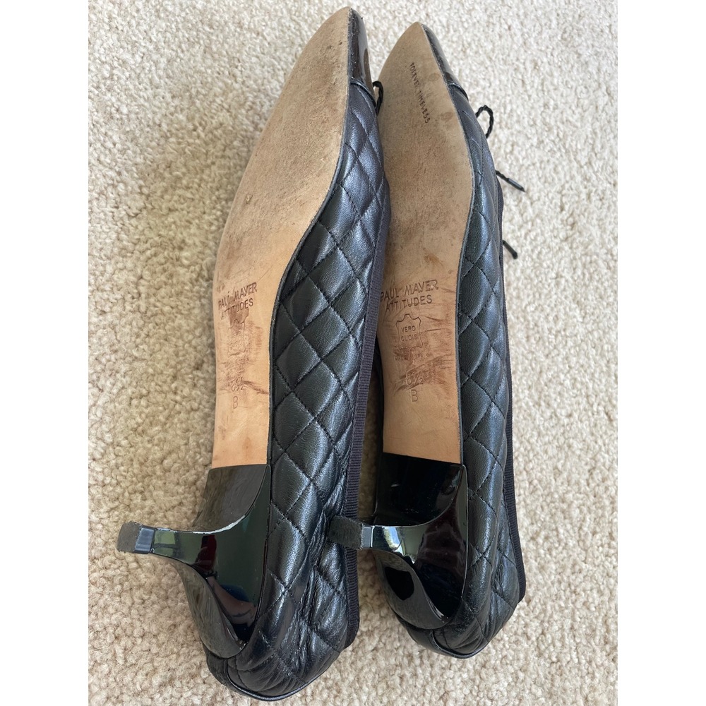 Paul Mayer Attitudes Black Quilted Leather Patent Toe Kitten Heel Pumps 8.5 B - Picture 5 of 5